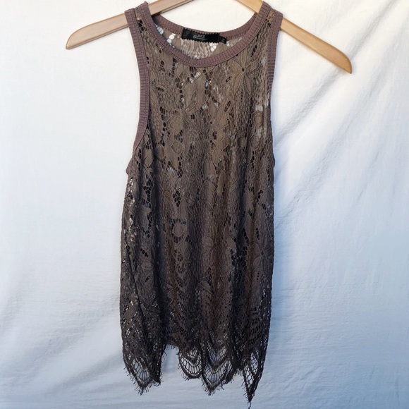 BKE Tops - 5/25 BKE Taupe Lace Tank Scalloped Hem